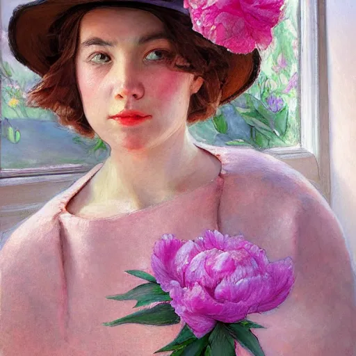 Prompt: a girl in a hat with peonies looks out the window at a blooming garden, rear view, art by vrubel, highly detailed, digital painting, artstation, matte, sharp focus