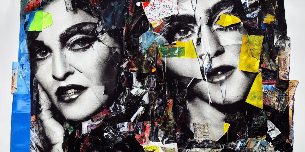 Prompt: madonna with a trash bag on his head, collage paper and tape, acrylic on canvas, hyperrealism mixed with expressionism, high resolution, smooth shading, cinematic, unreal 6 breathtaking detailed, by blake neubert