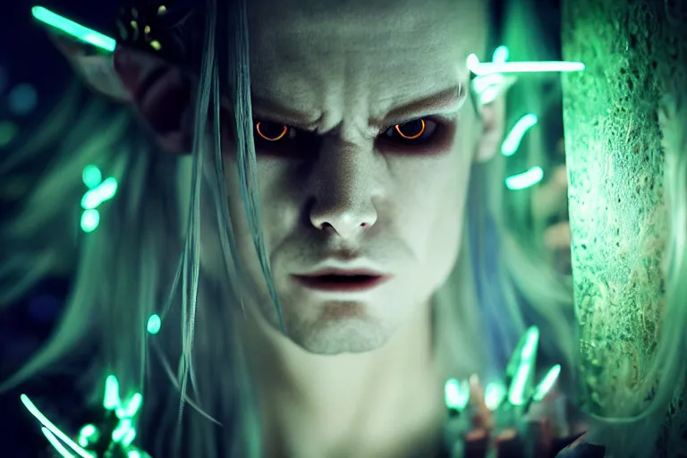 Prompt: an ultra realistic, cinematic, fantasy, portrait, of an evil elf, elden ring, fairy lights, facial features, stood in a supermarket, with futuristic clothing and neon lights, detailed, deep focus, movie still, dramatic lighting, ray tracing, by michal karcz and yoshitaka amano