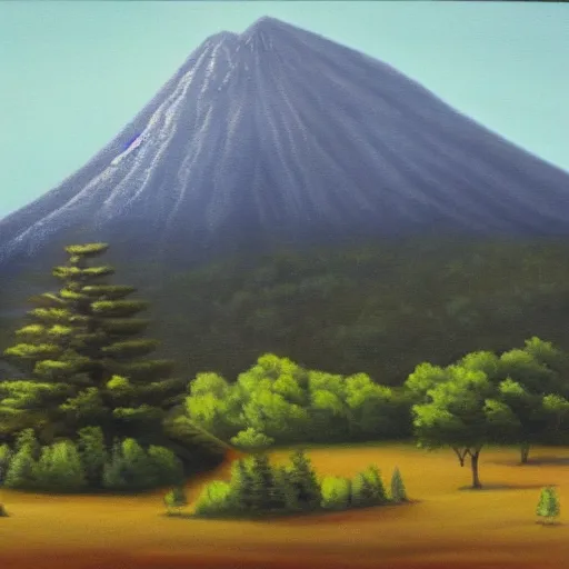 Image similar to A huge mountain with a giant tree on the top, view from far away, oil painting,