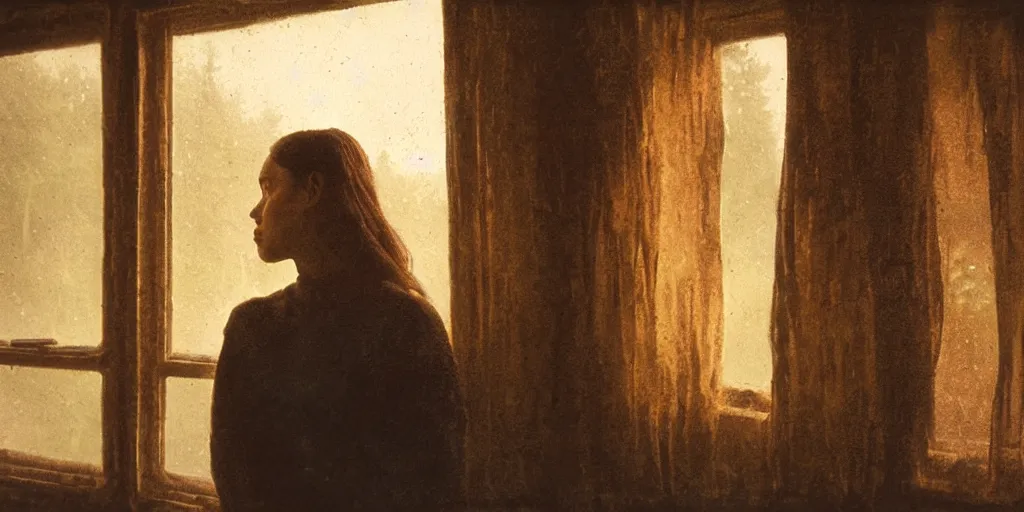 Prompt: portrait bust of young woman, solemn expression, faded color film, russian cinema, tarkovsky, kodachrome, old cabin, next to window, heavy forest outside, long brown hair, old clothing, heavy fog, sunset, hudson river school, 4 k, dramatic lighting, greg rutkowski