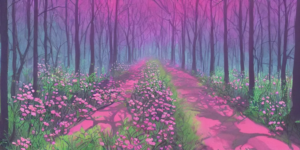 Prompt: path through a wide forest, modern flowers and fierflies, lanterns. pastel!! watercolor art, expansive cinematic view, volumetric shading, intricate and detailed, highly saturated colors. by madeon. breath of the wild style, by hayao miyazaki ghibli!!!. pink!! accents. trending on artstation. award winning