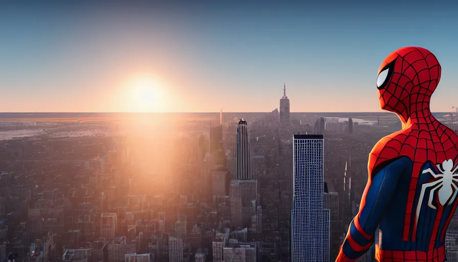 Image similar to spider - man on top of the empire state building in new york watching the sunset, unreal engine 5, render, cg society