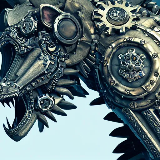 Image similar to A cyberpunk ornate wolf made of engraved full plate armor and gears, Macro shot by Justin Gerard, unreal engine, physically based rendering