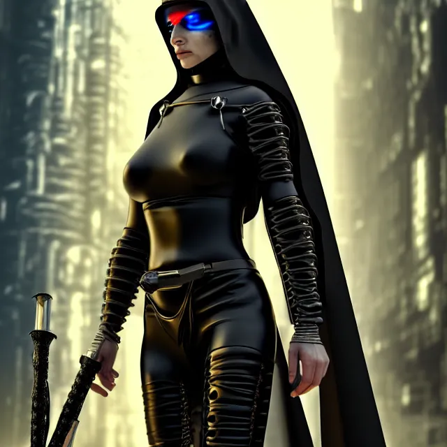 Image similar to cyberpunk nun warrior, highly detailed, 4 k, hdr, smooth, sharp focus, high resolution, award - winning photo, anne stokes, photorealistic