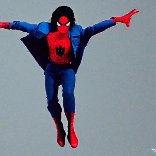 Image similar to michael jackson as spiderman flying through the city, bright