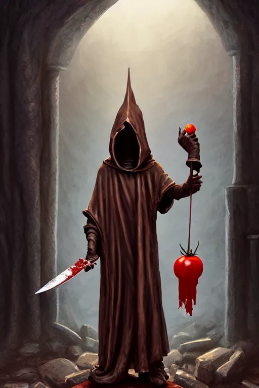 Image similar to a statue of a hooded cultist is holding a bloody knife in one hand and a tomato on the other, standing in a forgotten temple to an eldritch god, by patrick mcenvoy and michael komarck and fantasy flight, incredible quality, trending on artstation