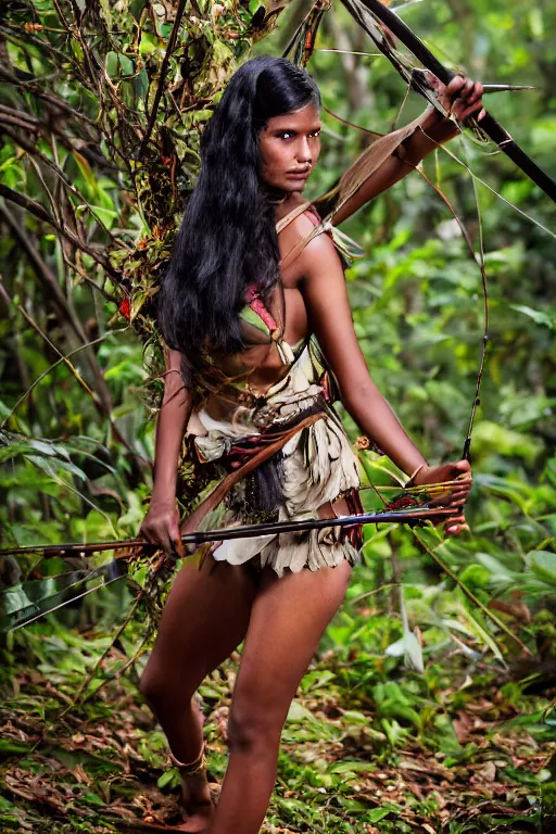 Image similar to a professional photo of a sri lankan jungle girl, black hair, hunter, with bow and arrow, covered in leaves, extremely high fidelity. key light.