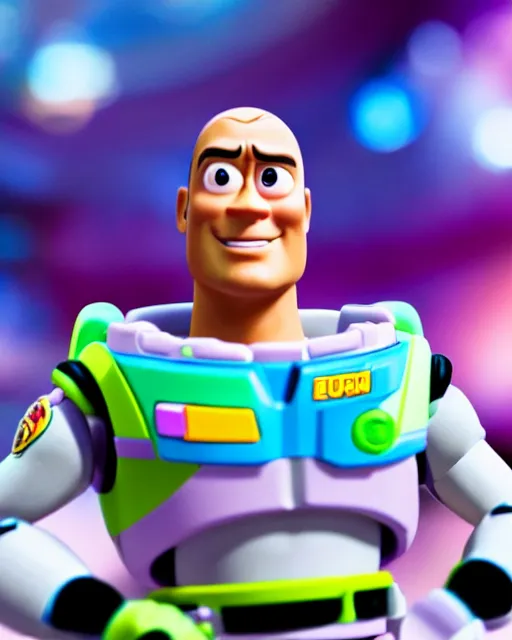 Image similar to Film still close-up shot of Dwayne Johnson as Buzz Lightyear in the movie Toy Story 3. Photographic, photography