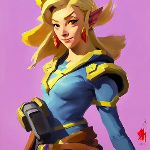 Prompt: Greg Manchess portrait painting of Zelda as Overwatch character, medium shot, asymmetrical, profile picture, Organic Painting, sunny day, Matte Painting, bold shapes, hard edges, street art, trending on artstation, by Huang Guangjian and Gil Elvgren and Sachin Teng