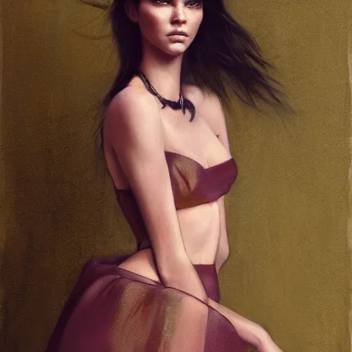 Prompt: fashion model kendall jenner by Greg Mike by Richard Schmid by Jeremy Lipking by moebius by atey ghailan