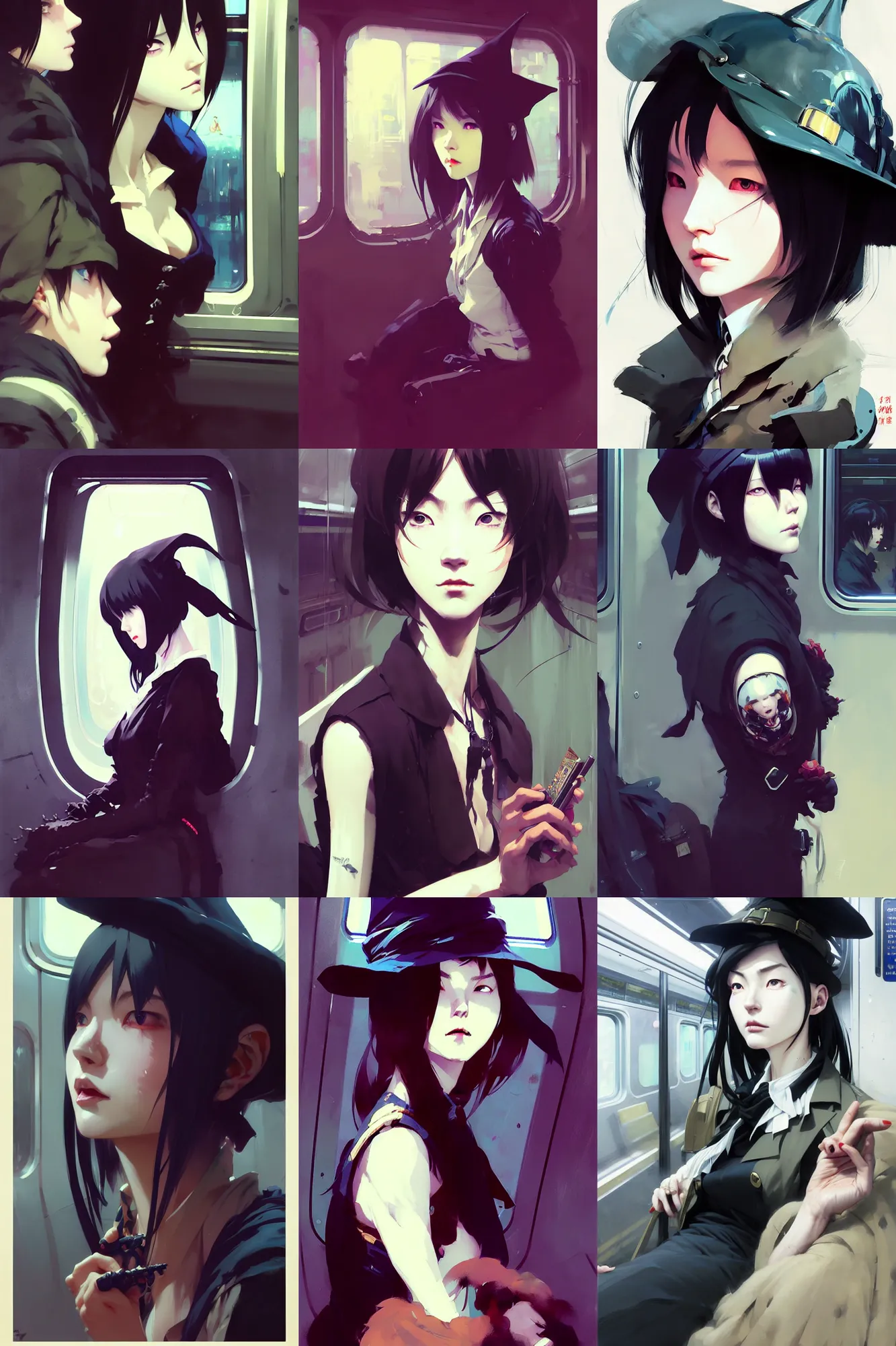 Prompt: hyper - realistic portrait of witch on a subway train, extreme detail, in style of pan ren wei, ilya kuvshinov, yoji shinkawa, atey ghailan, krenz cushart, by greg rutkowski, by greg tocchini, by james gilleard, by joe fenton, by kaethe butcher, grunge aesthetic