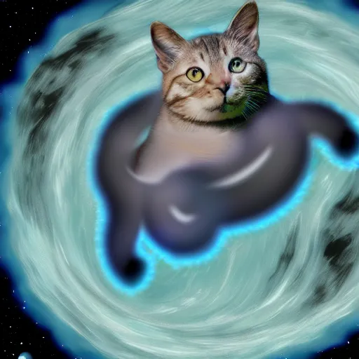 Image similar to cat swimming in space, digital art