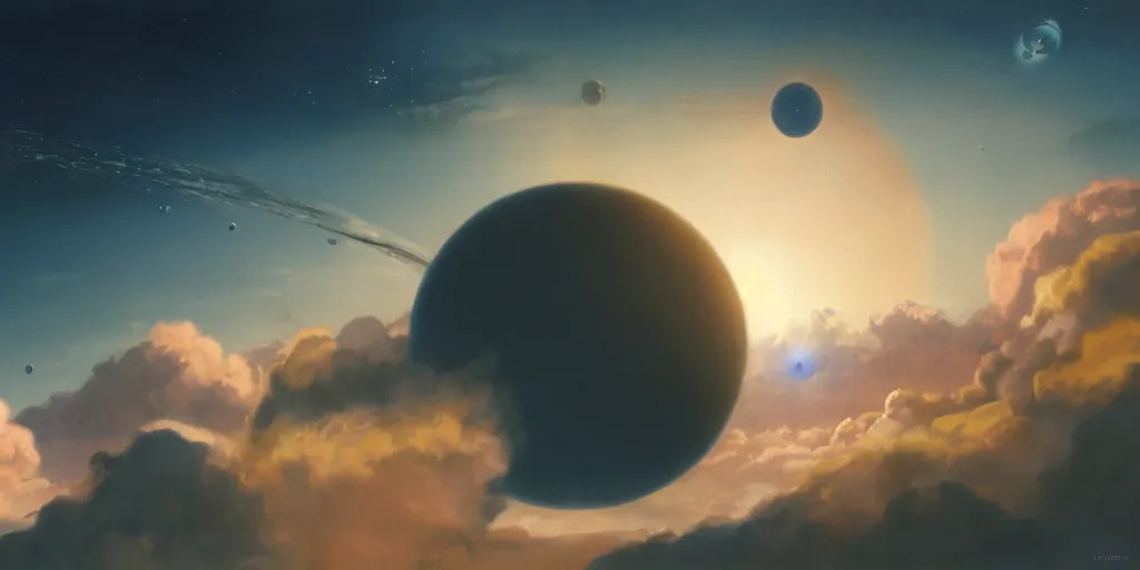 Image similar to blue dreamy cloudscape with a single planet in the clouds, daylight, cinematic lighting, cinematic perspective, syd mead, john harris, federico pelat,
