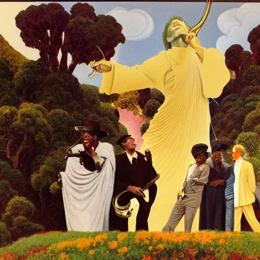 Image similar to Bob Dylan with his guitar and harmonica at the gates of heaven is greeted by Louis Armstrong blowing a trumpet by Maxfield Parrish and Glen Rutkowski and Raphael