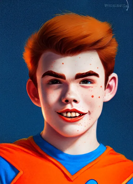 Image similar to friendly teenage archie andrews wearing an orange superhero costume with heart logo, heart, freckles, blue cape, heart emblem on chest, blue cape, intricate, elegant, glowing lights, highly detailed, digital painting, artstation, sharp focus, illustration, art by wlop, mars ravelo and greg rutkowski