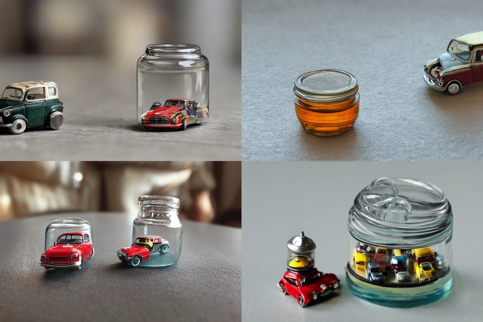 Prompt: tiny model car inside glass jar