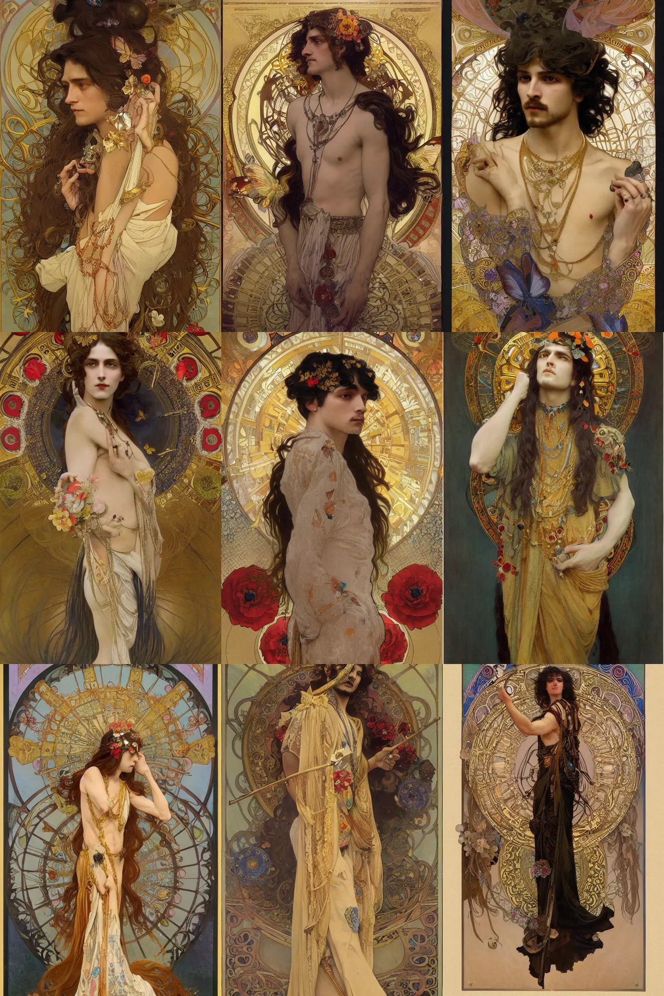 Prompt: beautiful male god of death, long hair, wearing ornate silk clothes, 1 9 2 0's fashion, gold jewelry, butterflies, poppies, by alphonse mucha, greg rutkowski, super detailed, 8 k