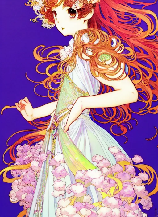 Prompt: exquisite imaginative manga poster of a fairy princess, long wavy hair, rococo ruffles dress, shimmering, by shigenori soejima, minaba hideo, katsuhiro otomo, alphonse mucha, jump comics, illustration, artstation, highly detailed, 8 k, fluorescent, fluorescent, maximalist