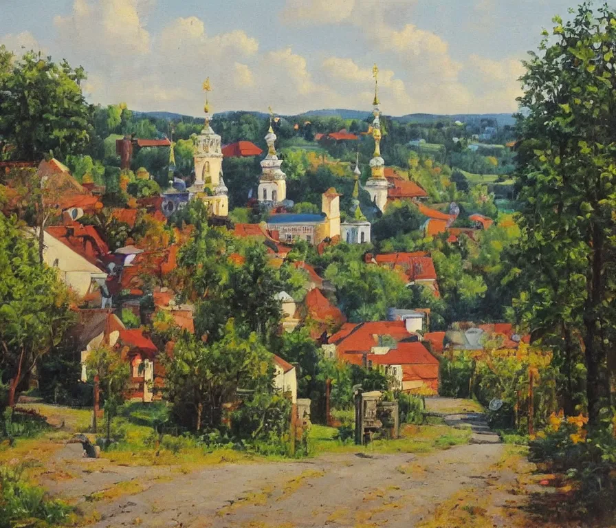 Image similar to beautiful view of a peaceful ukrainian town. art by isaac leitan and ivan shiskin, oil on canvas