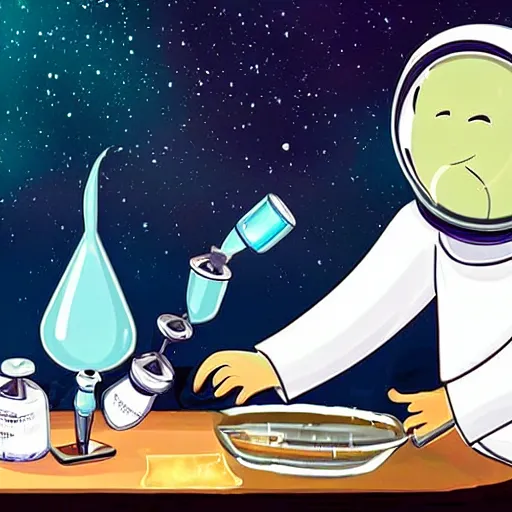 Image similar to an astronaut mad scientist mixing a potion