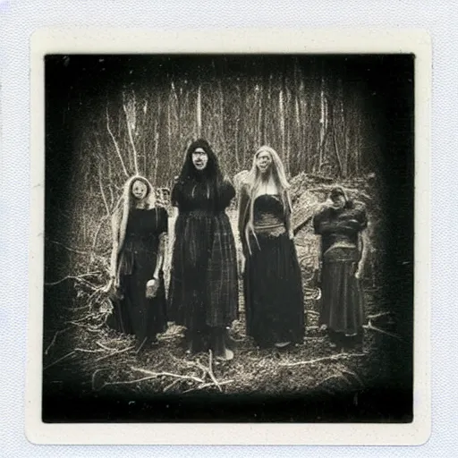 Image similar to Polaroid picture of witches in a swamp around a cauldron