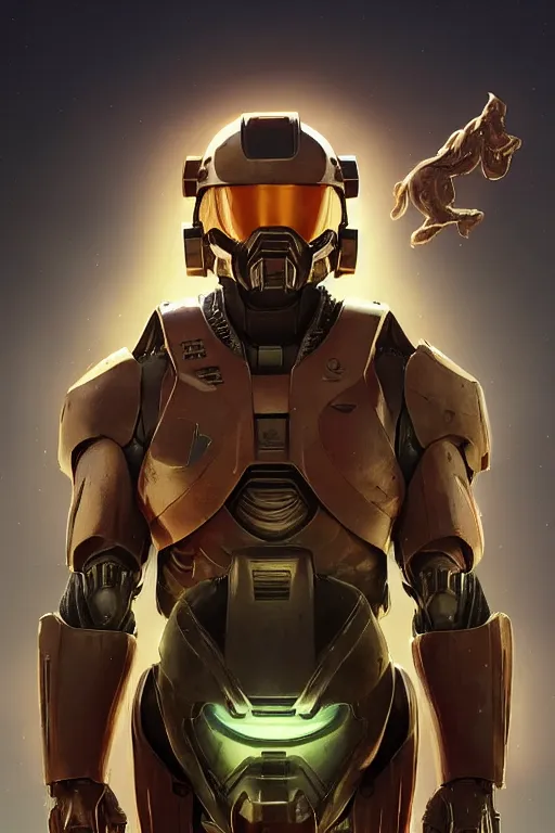Image similar to portrait of master chief with hot dog arms with a halo behind him, catholic religious art, sacred, halo, strong, imposing, by moebius and greg rutkowski and artgerm, octane render, trending on artstation