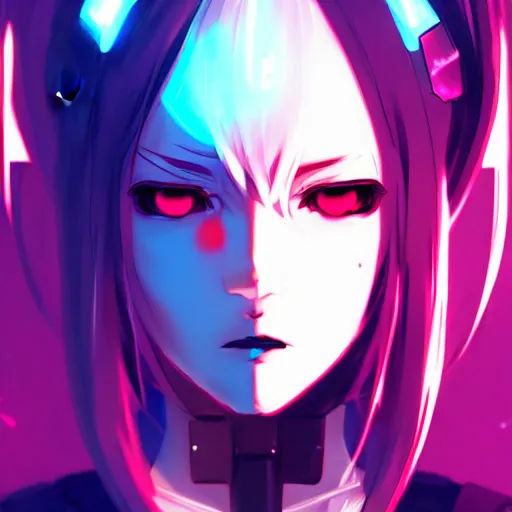 Image similar to digital cyberpunk anime character concept art, gorgeous anime girl symmetrical face, small female android cyborg - angel, glowing red left eye and glowing blue right eye, fullbody!! wlop, rossdraws sakimimichan, ilya kuvshinov, krenz cushart, greg rutkowski.