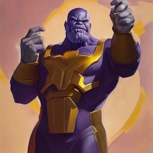 Image similar to greg manchess portrait painting of thanos as overwatch character, medium shot, asymmetrical, profile picture, organic painting, sunny day, matte painting, bold shapes, hard edges, street art, trending on artstation, by huang guangjian and gil elvgren and sachin teng