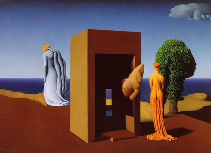 Image similar to a female goddess find forbidden knowledge by rene magritte and salvadore dali