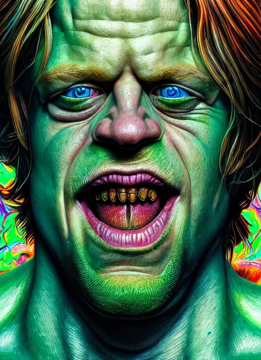 Prompt: portrait of macaulay culkin as the hulk, hyperdetailed illustration by irakli nadar and alexandre ferra, volumetric lighting, celtic fantasy art, psychedelic, intricate, hyper detailed, smooth, vibrant aura, intricate linework, white porcelain skin, faberge, coral