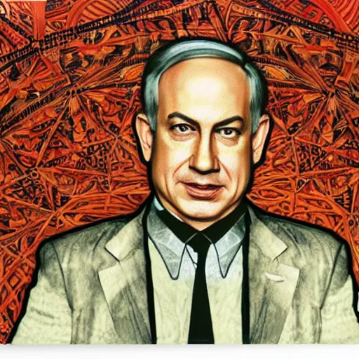 Prompt: a portrait of benjamin netanyahu by alphones mucha