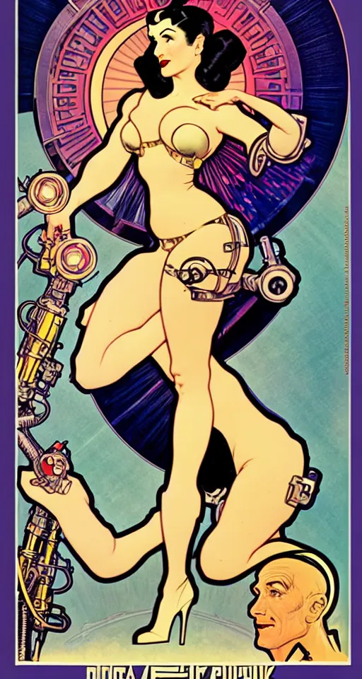 Image similar to a retro future science fiction pinup illustration of dita von teese, alphonse mucha, alberto vargas, gil elvgren, diesel punk.