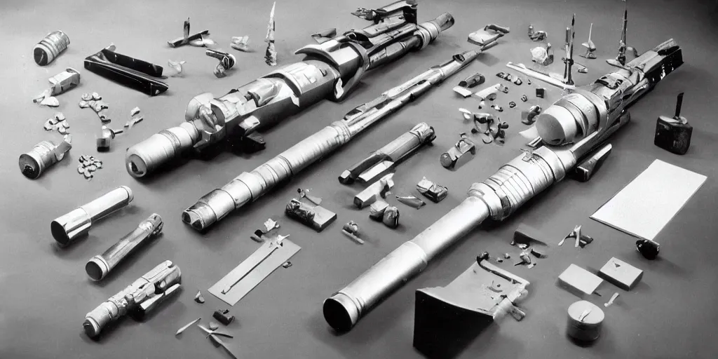 Image similar to knolling of ww 2 space laser weapons, archive photograph, 1 9 5 0's, sci - fi,