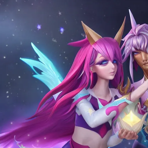 Prompt: star guardian xayah and star guardian kai'sa!!!!!!!!!! friends together, league of legends, star guardian xayah, star guardian kai'sa, hyperrealistic, realistic, high definition, by weta digital, 3 - dimensional, realistic - n 1 2