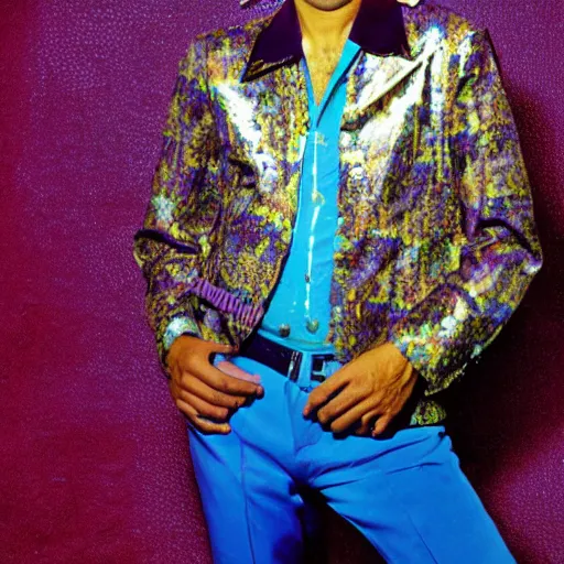 Image similar to funkiest grooviest man in the world, 70s disco jacket, photograph portrait