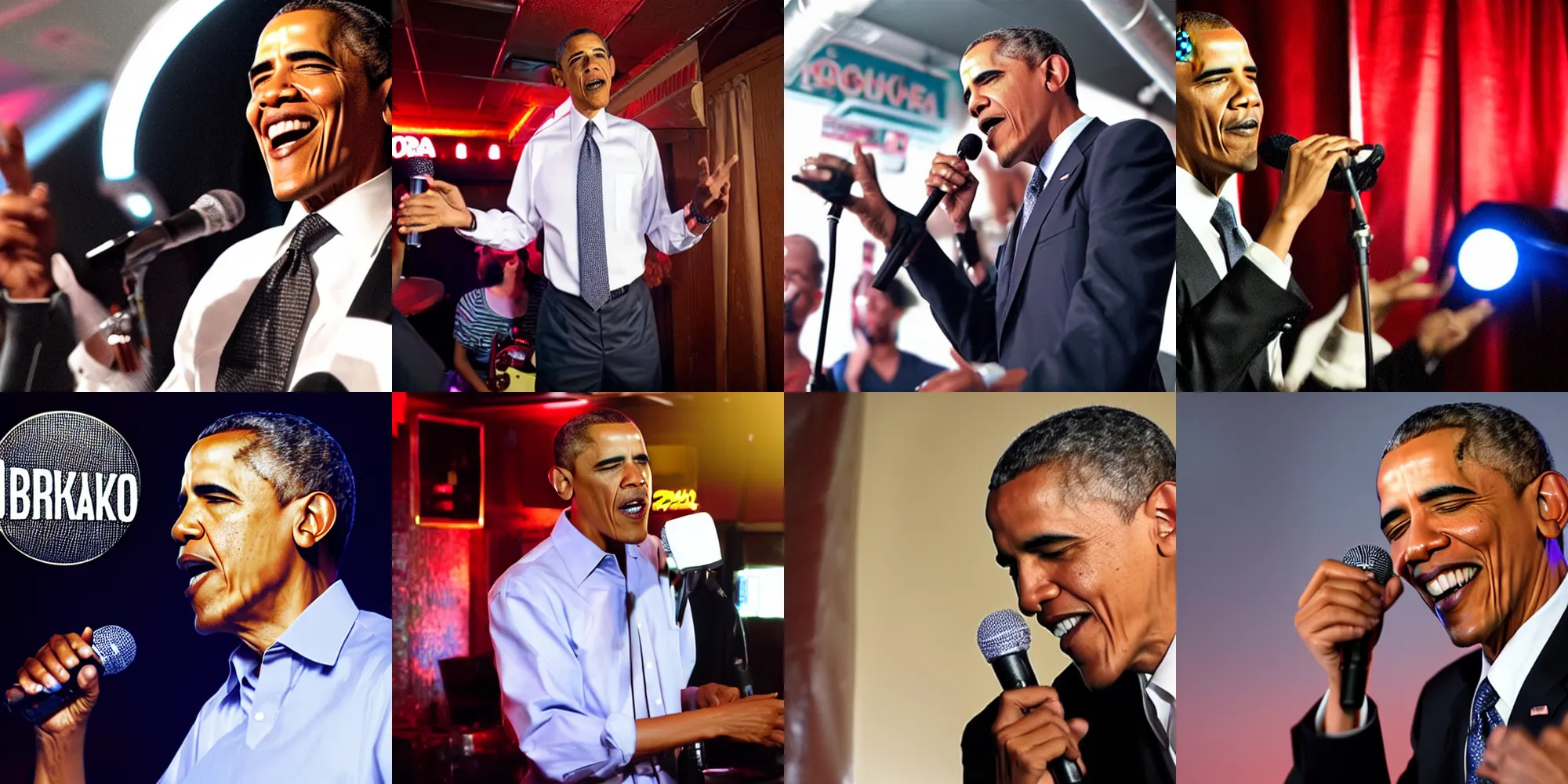 Prompt: drunk Obama singing at karaoke bar