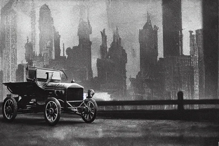 Image similar to cyberpunk 1 9 0 8 model ford t by paul lehr, jesper esjing, metropolis, view over city, vintage film photo, damaged photo, scratched photo, scanned in, old photobook, silent movie, black and white photo
