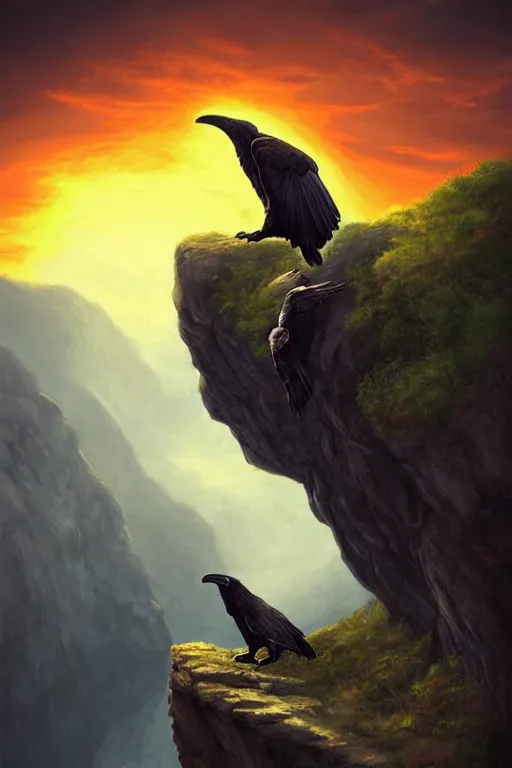 Prompt: elderly man falling off a cliff, tragic moment, 8 k, art by artgerm, award winning photo, sunset in background, wolfs growling on cliff edge, ravens in the sky, highly - detailed