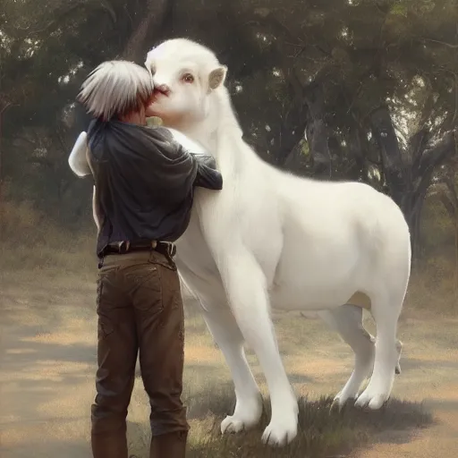 Prompt: a person hugging a large white animal, a detailed painting by krenz cushart, pixiv contest winner, fantasy art, official art, detailed painting, pixiv. highly detailed. 4 k masterpiece. unreal engine. photorealistic. realism. cinematic. photorealism. wideshot. coherent.