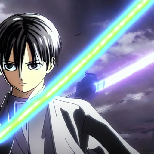 Prompt: Levi Ackerman from Attack on Titan using lightsabers, ani+me screenshot, Mappa studio, beautiful anime