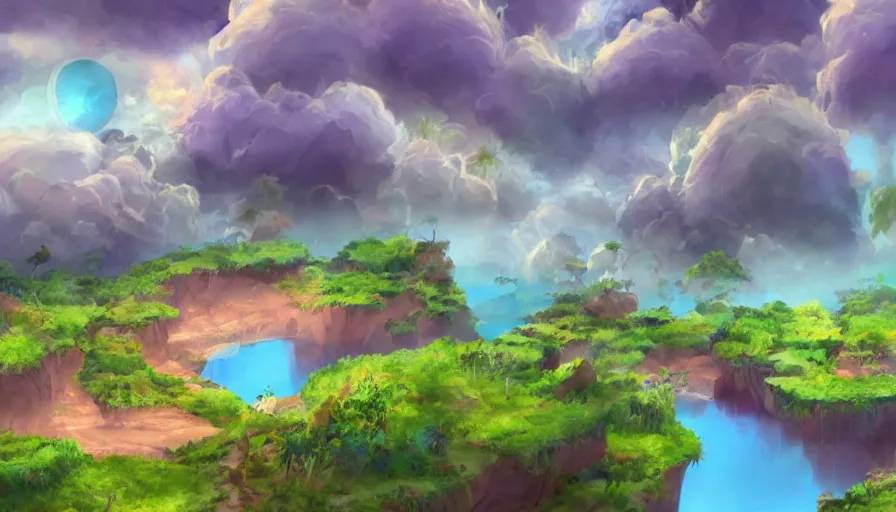 Image similar to beautiful stunning slightly cloudly sky with various differently colored floating islands made of dirt and sand and stone with many varied rainforest forest desert plants and few little animals, landscape, fantasy, concept art, unreal engine, painted in photoshop, krita, clip studio paint, procreate, mypaint, digital art, trending on artstation