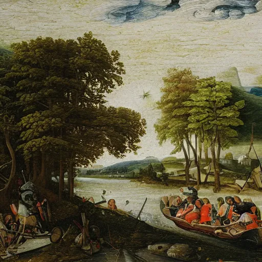 Image similar to An intricate, extremely detailed painting in a style of Breughel featuring a river in Europe, surrounded by trees and fields. A dinghy is slowly moving through the water. Sun is shining.