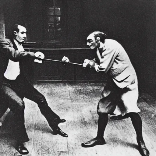 Prompt: a close - up old black and white photo, 1 9 1 3, depicting isaac newton fighting gottfried leibnitz in an ally of new york city, rule of thirds, historical record