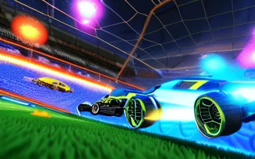 Image similar to rocket league, car soccer, boom, goal, demo, explosion, action shot, lens flares, rim light, raytracing, glow, haze, hyper - realistic, micro details, octane render, unreal engine, cinematic shot