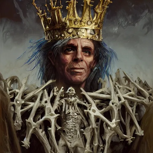 Prompt: Oil painting of the goblin king, wearing a crown made of bones, portrait, D&D, Magic The Gathering, by Craig Mullins, Nekro, Victo Ngai, centered, symmetrical, volumetric lighting