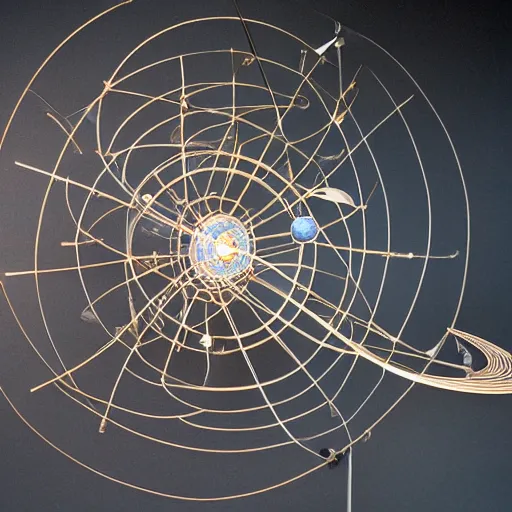 Prompt: a kinetic sculpture of this solar system, sun, orrery, canon 5 d 5 0 mm lens, papier - mache, studio, circa 3 0 6 0