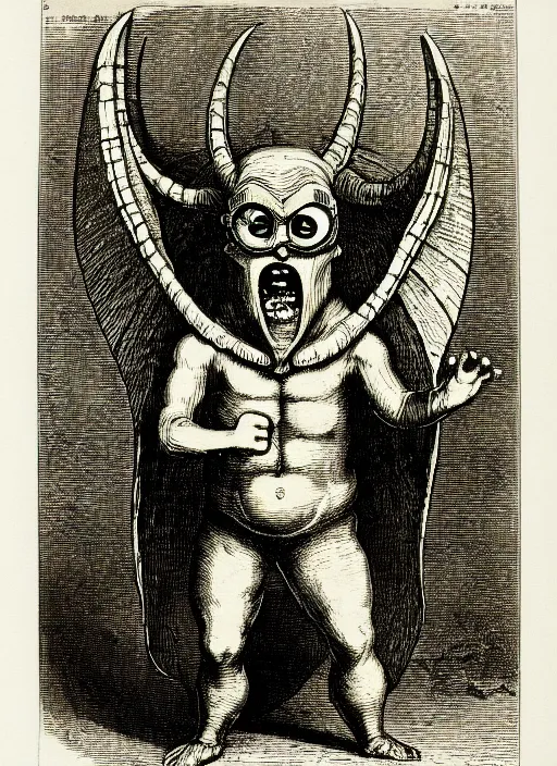 Image similar to a minion as a demon from the dictionarre infernal, etching by louis le breton, 1 8 6 9, 1 2 0 0 dpi scan, ultrasharp detail, clean scan