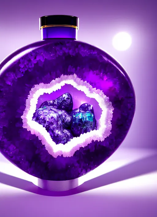 Prompt: perfume bottle in a purple geode cave, up close shot, sharp focus, global illumination, radiant light, alexandre ferra white mecha, irakli nadar, octane highly render, 4 k, ultra hd,