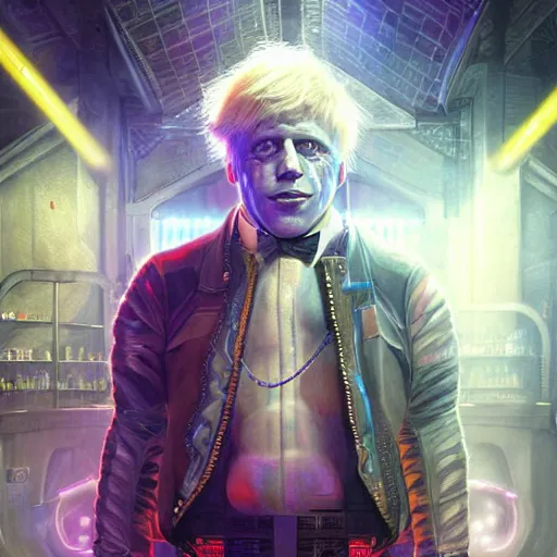 Image similar to cyborg steampunk boris johnson in a nightclub, anatomy, bathed in light, highly detailed, photorealistic, artstation, smooth, sharp focus, illustration, unreal engine 5, 8 k, art by artgerm and greg rutkowski and edgar maxence